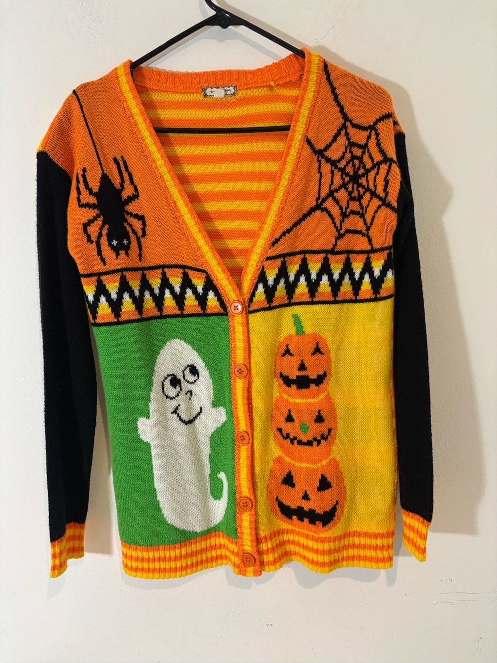 Eyeshadow Women Small Halloween Cardigan Sweater Ghost Pumpkin Candy Corn Casual